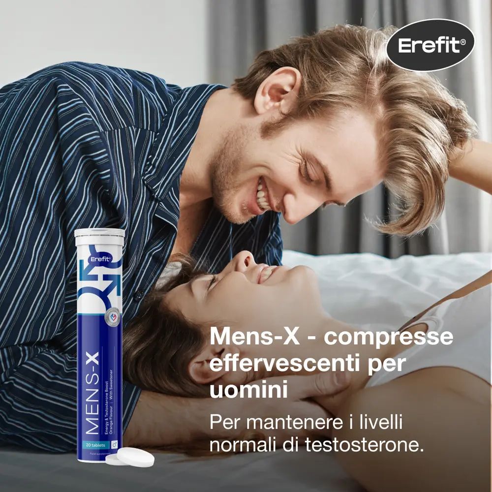 Uomo e donna a letto. Tubo MENS-X. Testo: Compresse effervescenti per uomini. Per il livello di testosterone.