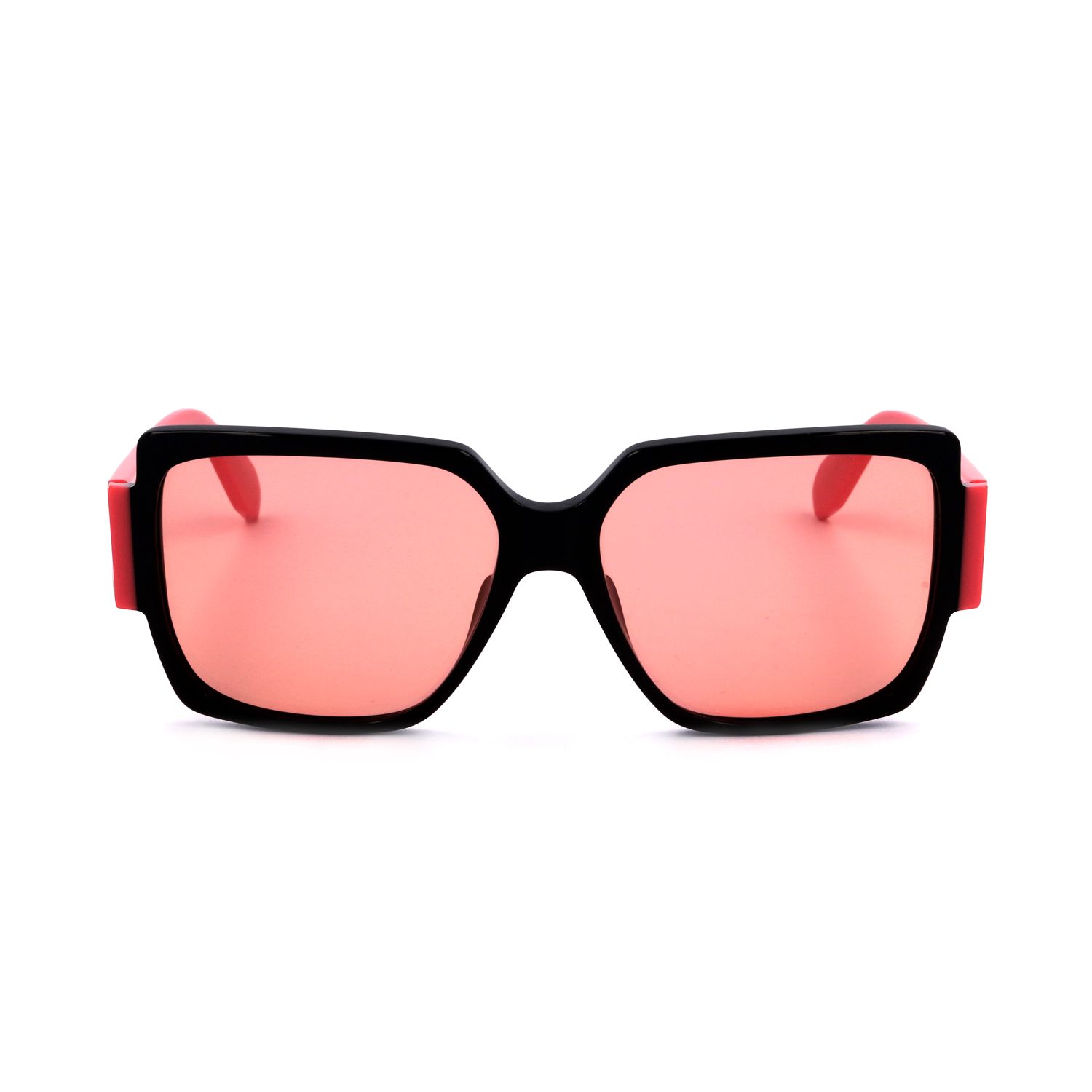 Occhiali da sole neri con aste rosse e lenti rosa.