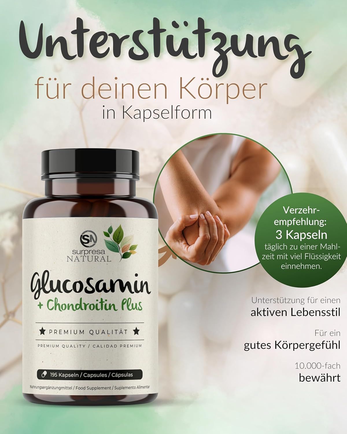 Flacone Glucosamina + Condroitina Plus. Testo: Supporto per il tuo corpo in capsule. Raccomandazioni per l'assunzione.