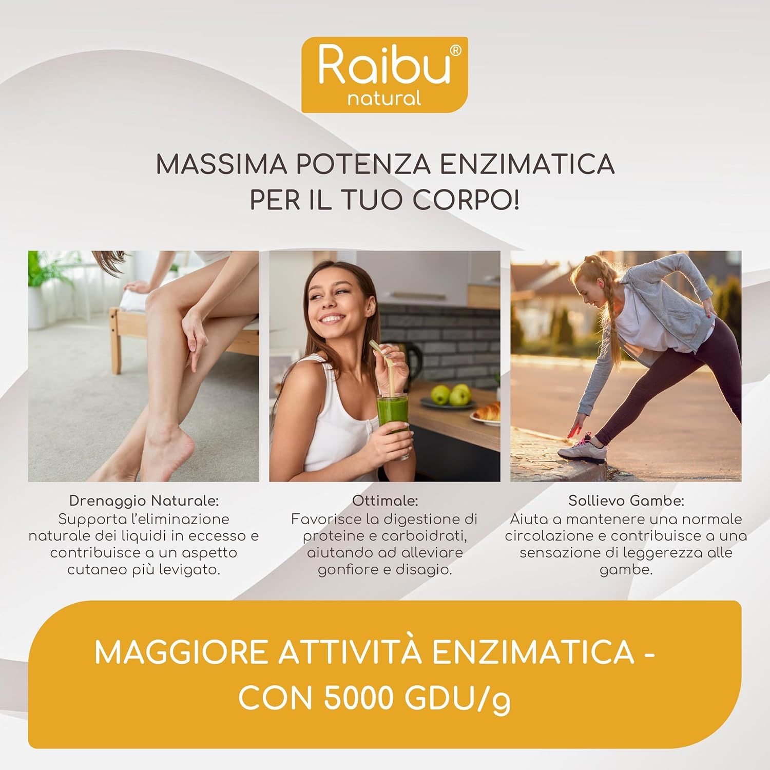 Tre immagini mostrano donne. Testo: Massima potenza enzimatica per il tuo corpo! Drenaggio Naturale, Ottimale, Sollievo Gambe. Testo in italiano.