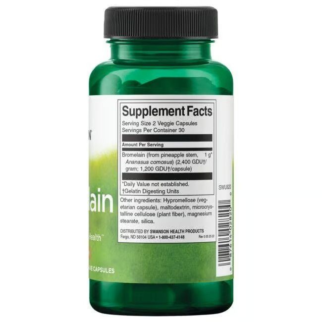 Retro del flacone verde. Scritta: Supplement Facts. Contiene bromelina, 1 g, per porzione.