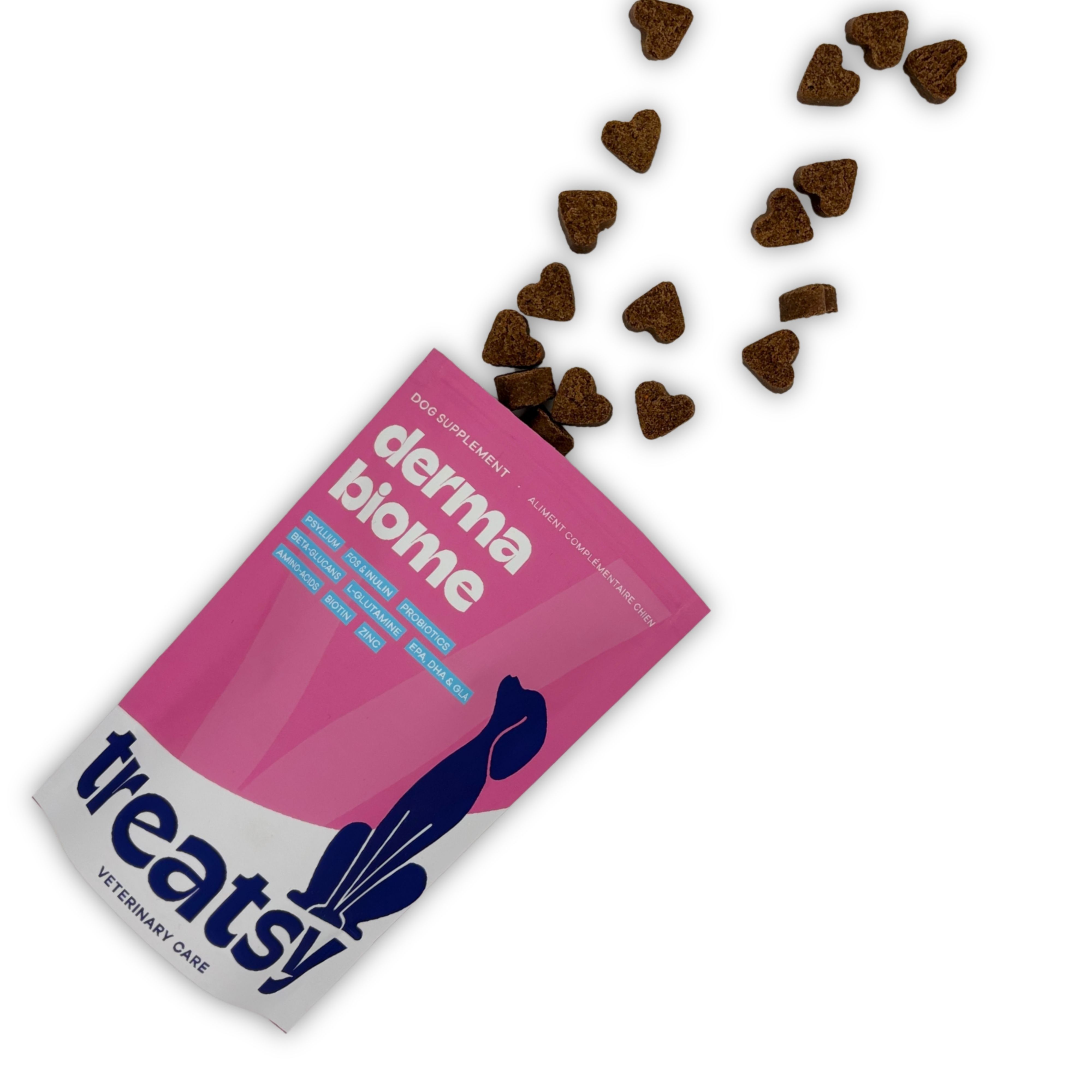 Busta rosa con "derma biome" e "Treatsy". Snack a forma di cuore che cadono dalla busta.