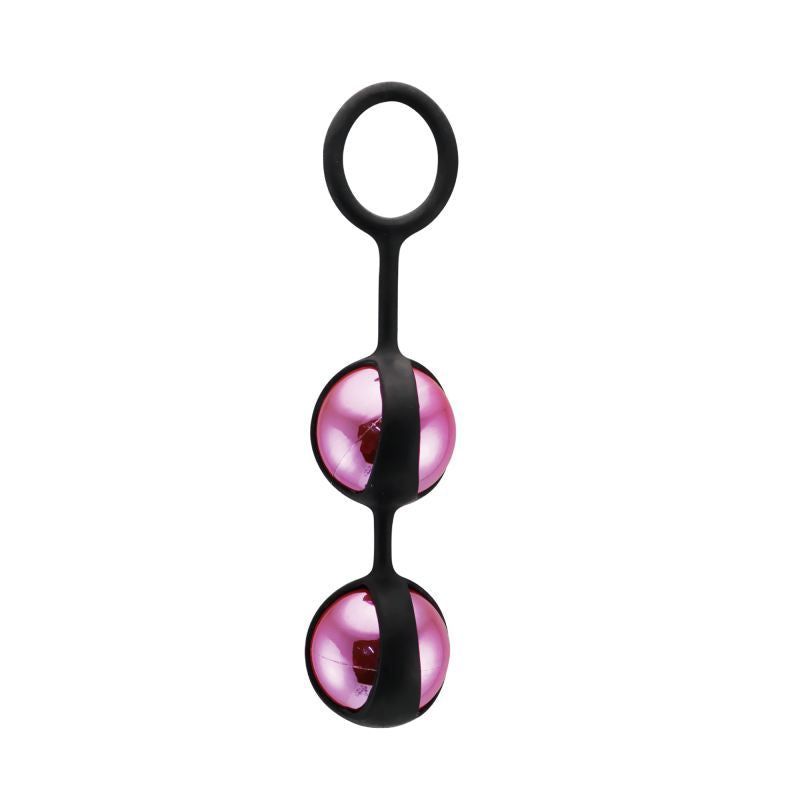 Due sfere rosa con connettore nero e anello. Superficie liscia. Vista frontale.