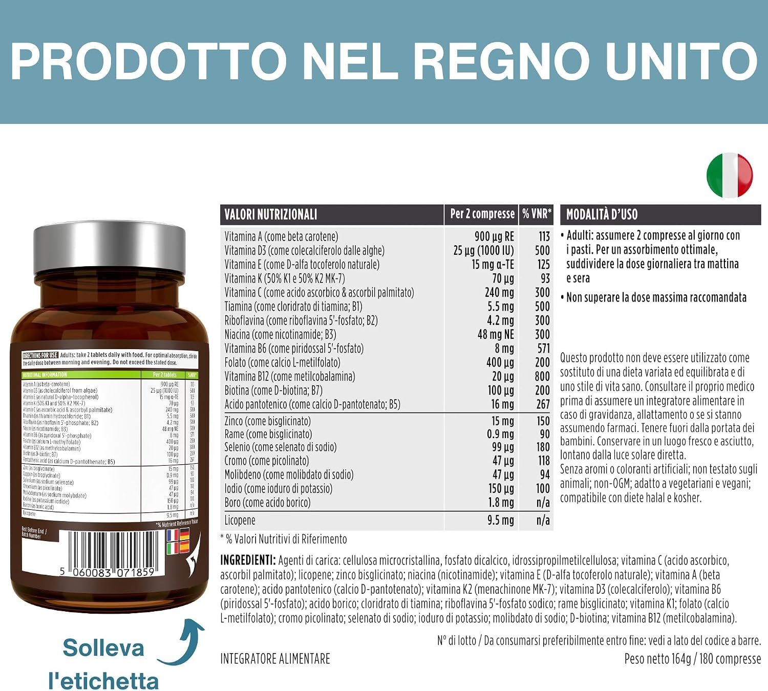 Formula con 21 nutrienti: Vitamine A, complesso B, C, D3, E, K; Minerali Zn, Cu, Se, Cr, Mo, B.