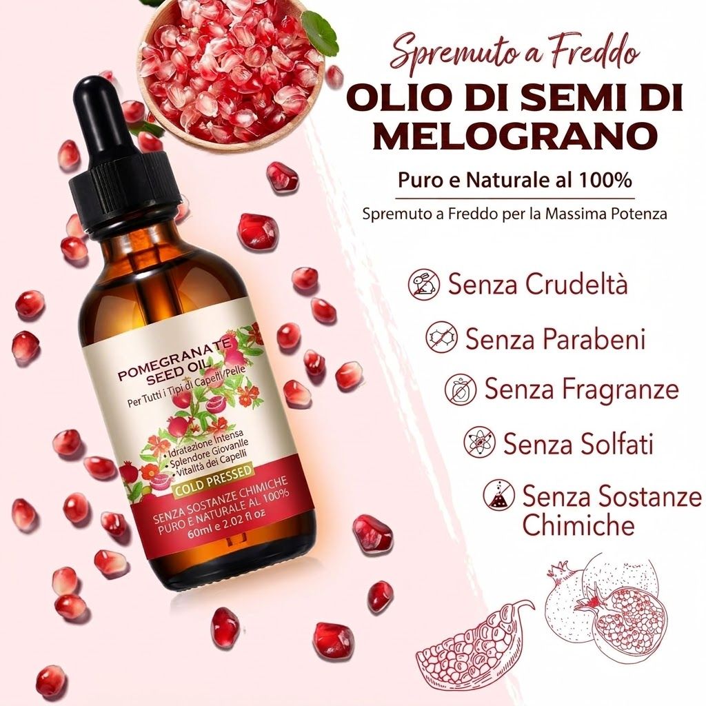 Flacone marrone con contagocce, olio di semi di melograno. Testo: Olio di Semi di Melograno, 100% Naturale. Simboli: Cruelty Free, Paraben Free, etc.