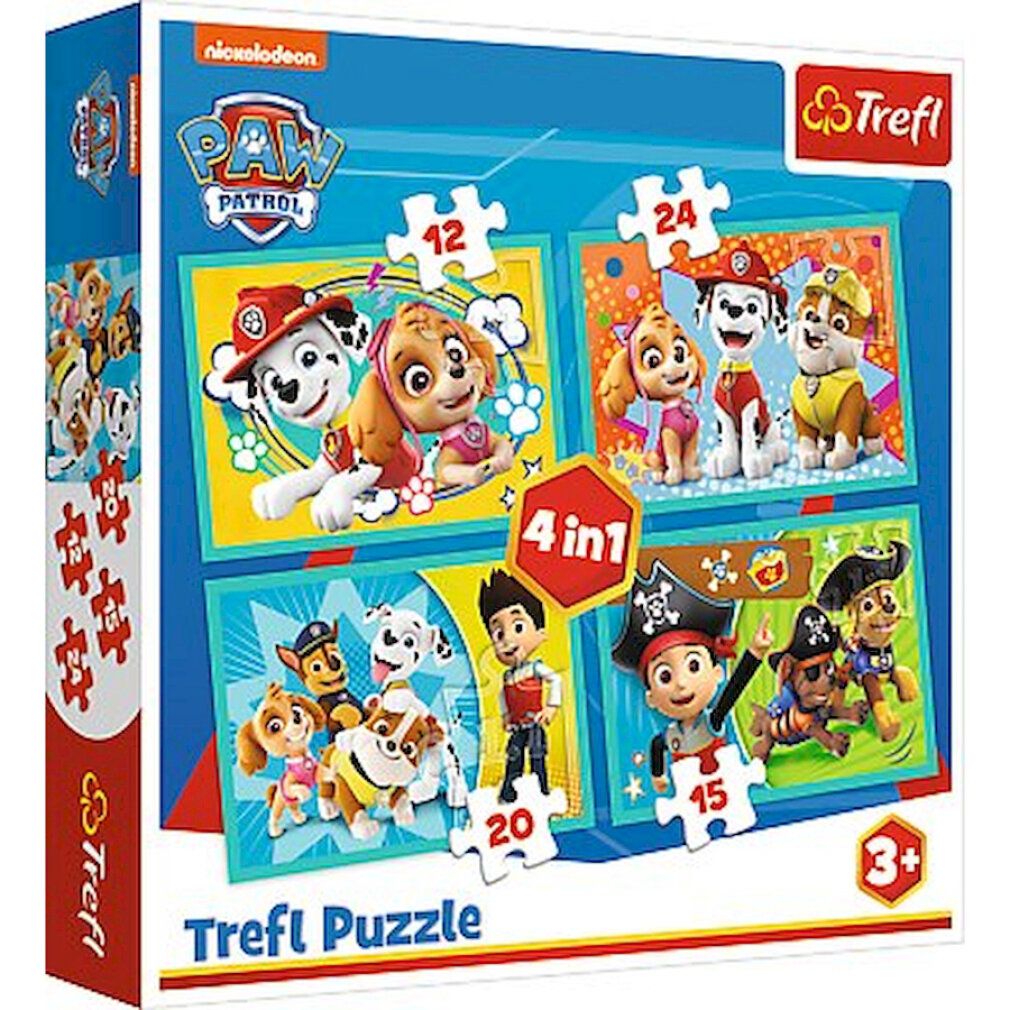 Scatola puzzle Paw Patrol. Contiene quattro puzzle da 12, 15, 20 e 24 pezzi. Marchio Trefl, logo Nickelodeon.