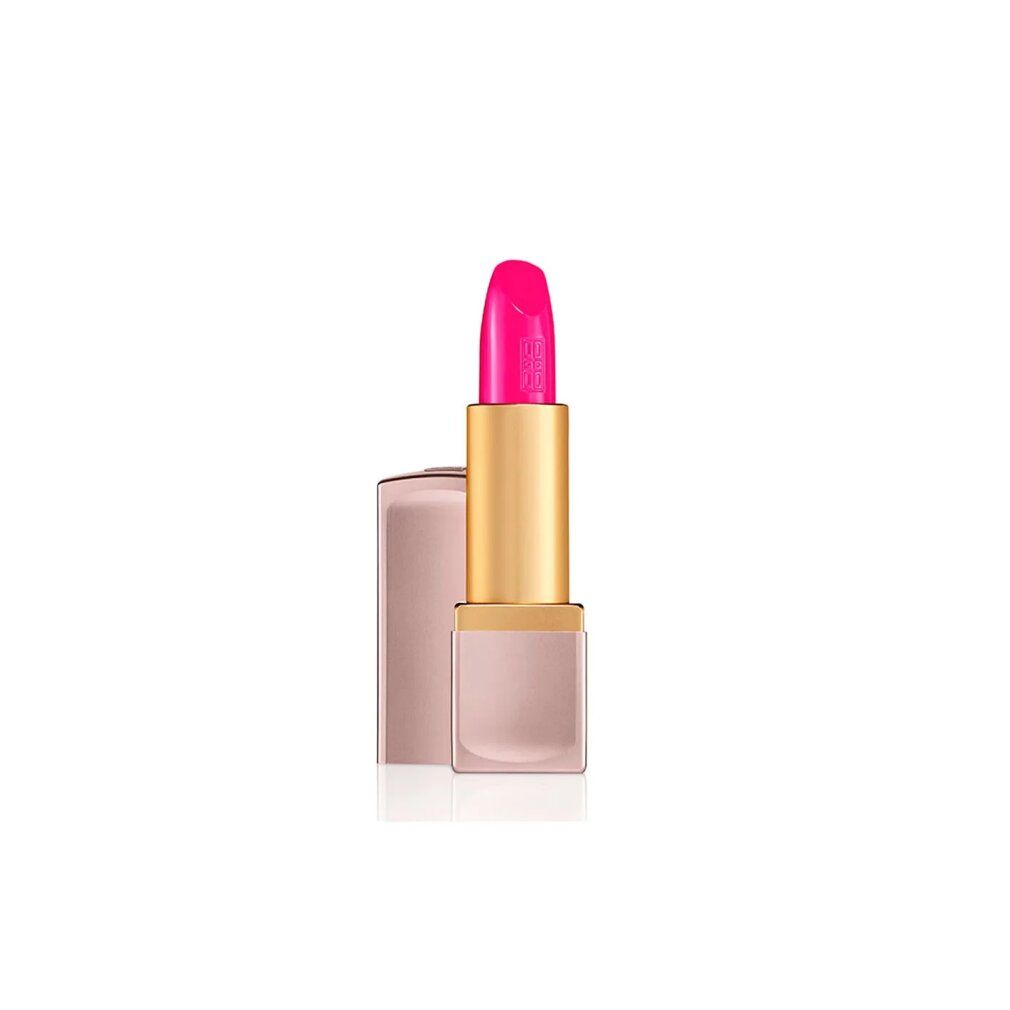 Rossetto rosa acceso con astuccio dorato e rosa. Il rossetto è parzialmente fuori dal suo astuccio rosa.