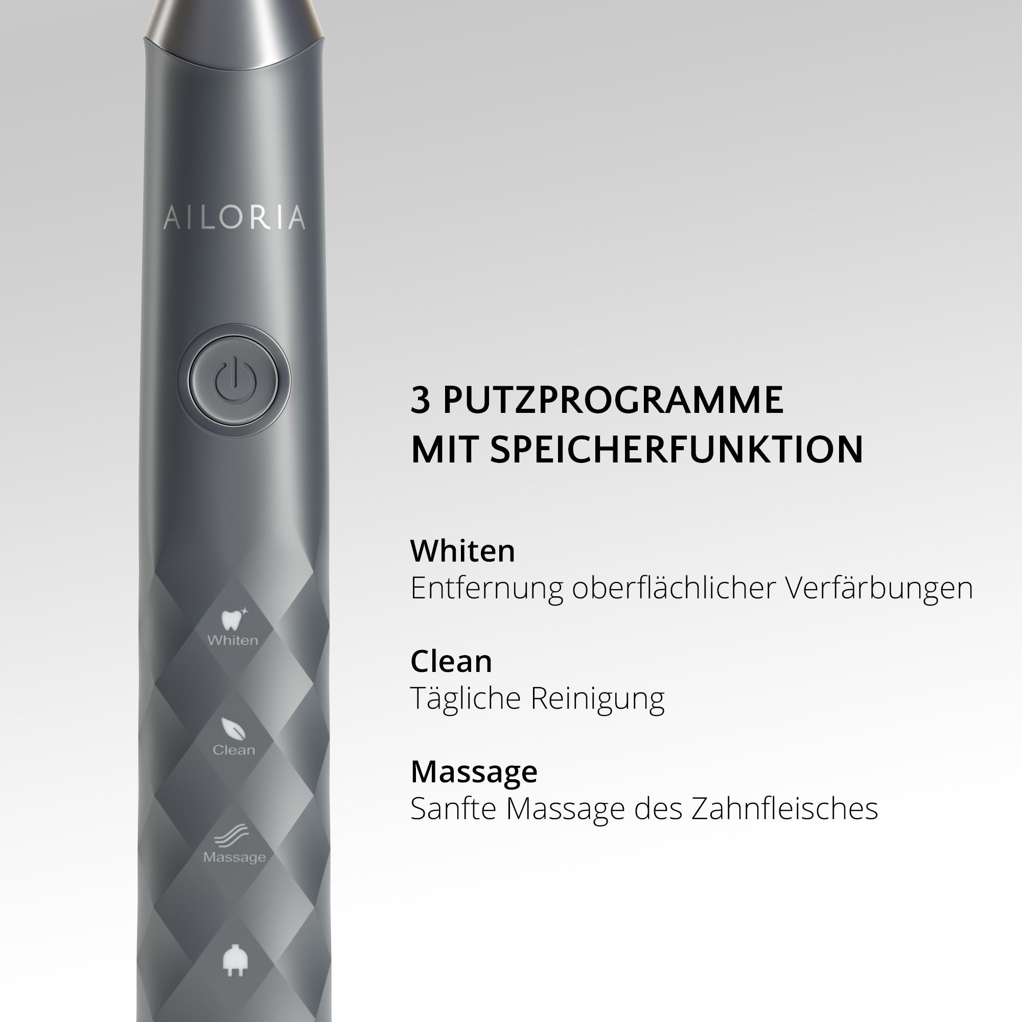 Spazzolino elettrico con tre programmi di pulizia: Sbiancamento, Pulizia, Massaggio. Logo AILORIA.