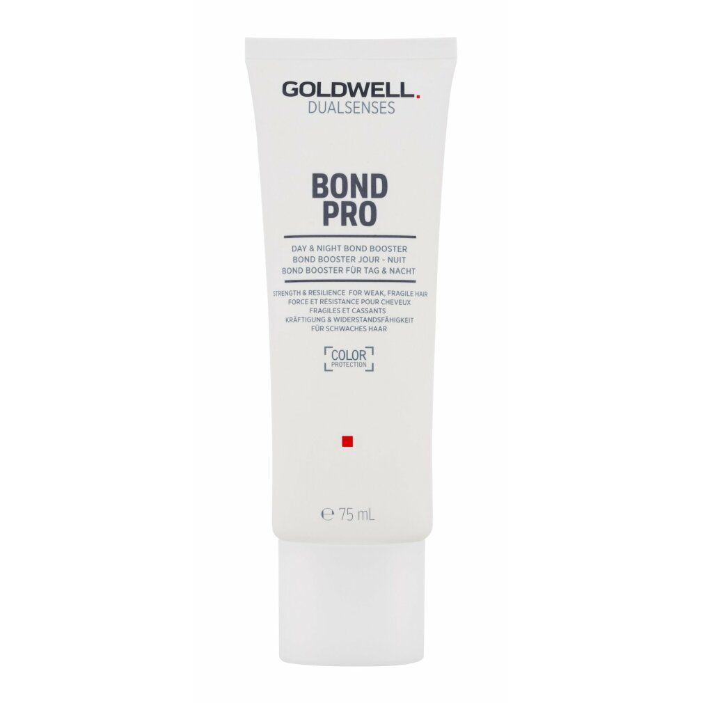 Tubo bianco con BOND PRO e GOLDWELL. Testo: Day & Night Bond Booster. Per capelli forti. Punto rosso. Volume: 75 ml.