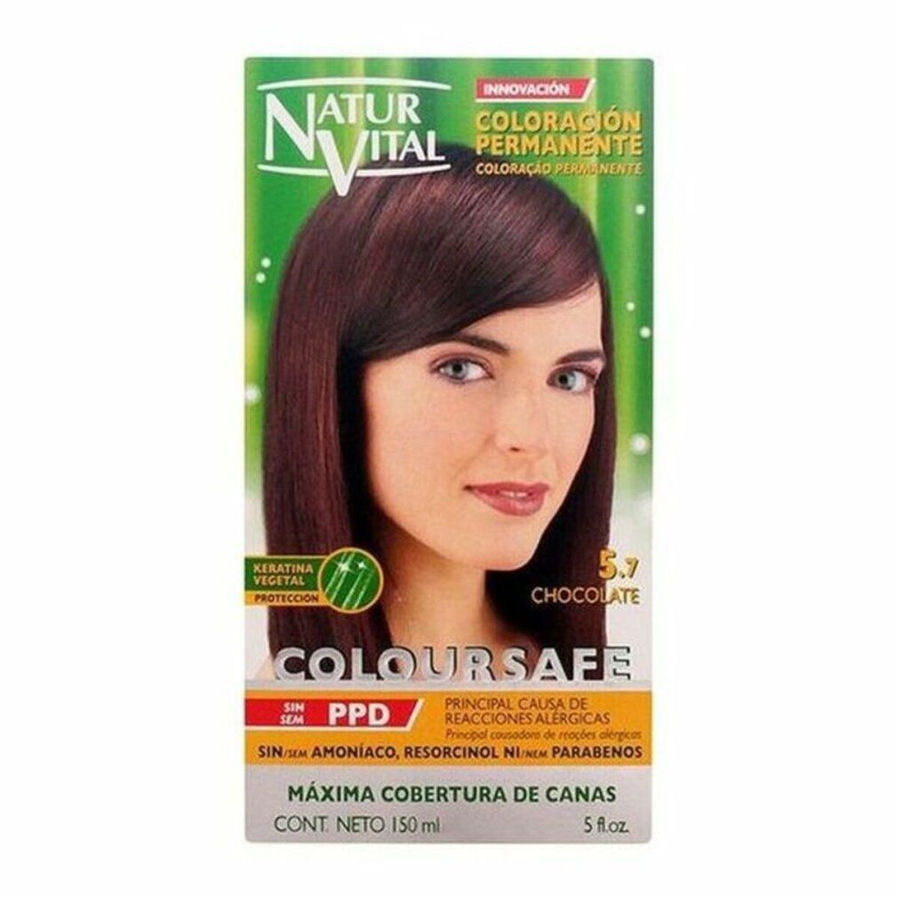 Confezione di Naturaleza y Vida Coloursafe Permanent 5.7 Chocolate. Scritte: Permanent Hair Colour, 5.7 Chocolate, Colour Safe, senza PPD, massima copertura dei capelli grigi.