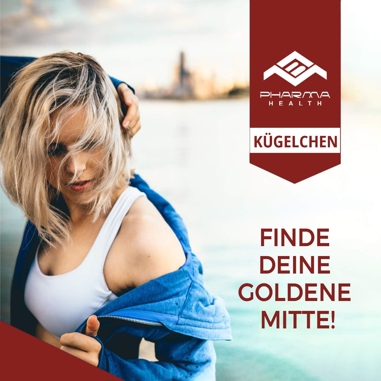 Immagine pubblicitaria con donna. Logo "Pharma Health" e scritta "KÜGELCHEN". Testo: "FINDE DEINE GOLDENE MITTE!"