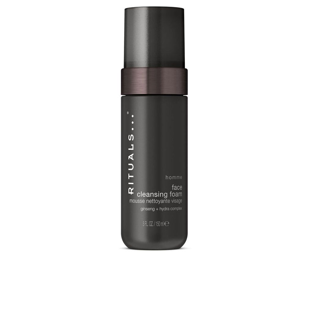 Flacone scuro con pompa, etichetta "Rituals Homme Face Cleansing Foam".
