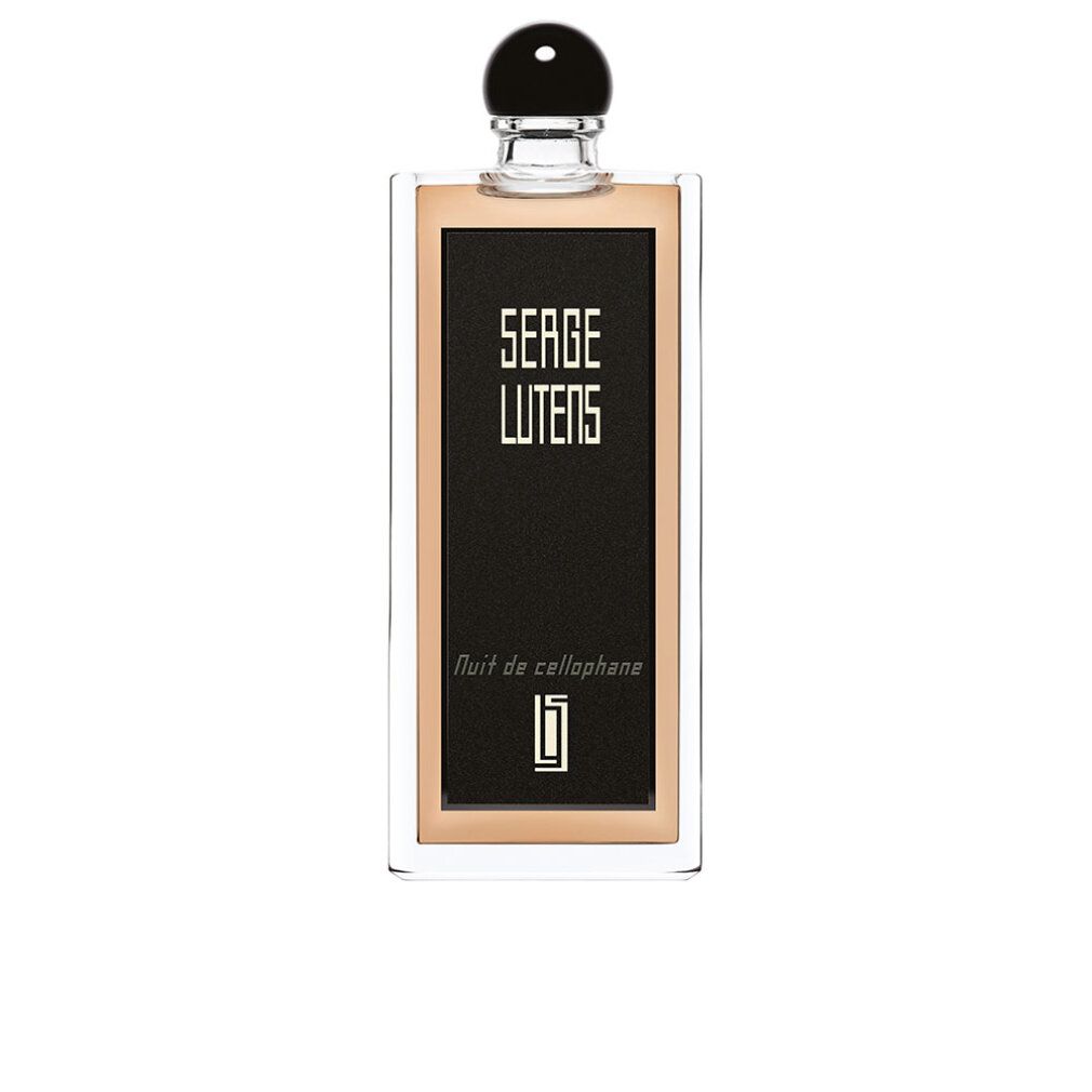 Flacone rettangolare con tappo nero. Etichetta nera con testo bianco: SERGE LUTENS, Nuit de cellophane.