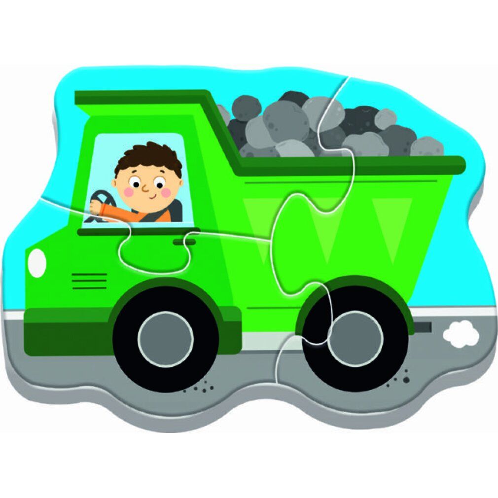 Puzzle con dumper. Dumper verde con pietre. Sfondo azzurro. 3 pezzi.