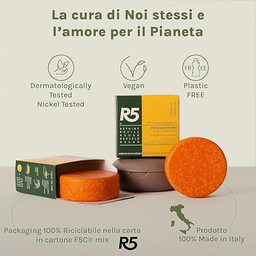 Saponetta arancione e confezione. Testo: Dermatologicamente testato, vegano, senza plastica, logo R5, Made in Italy.
