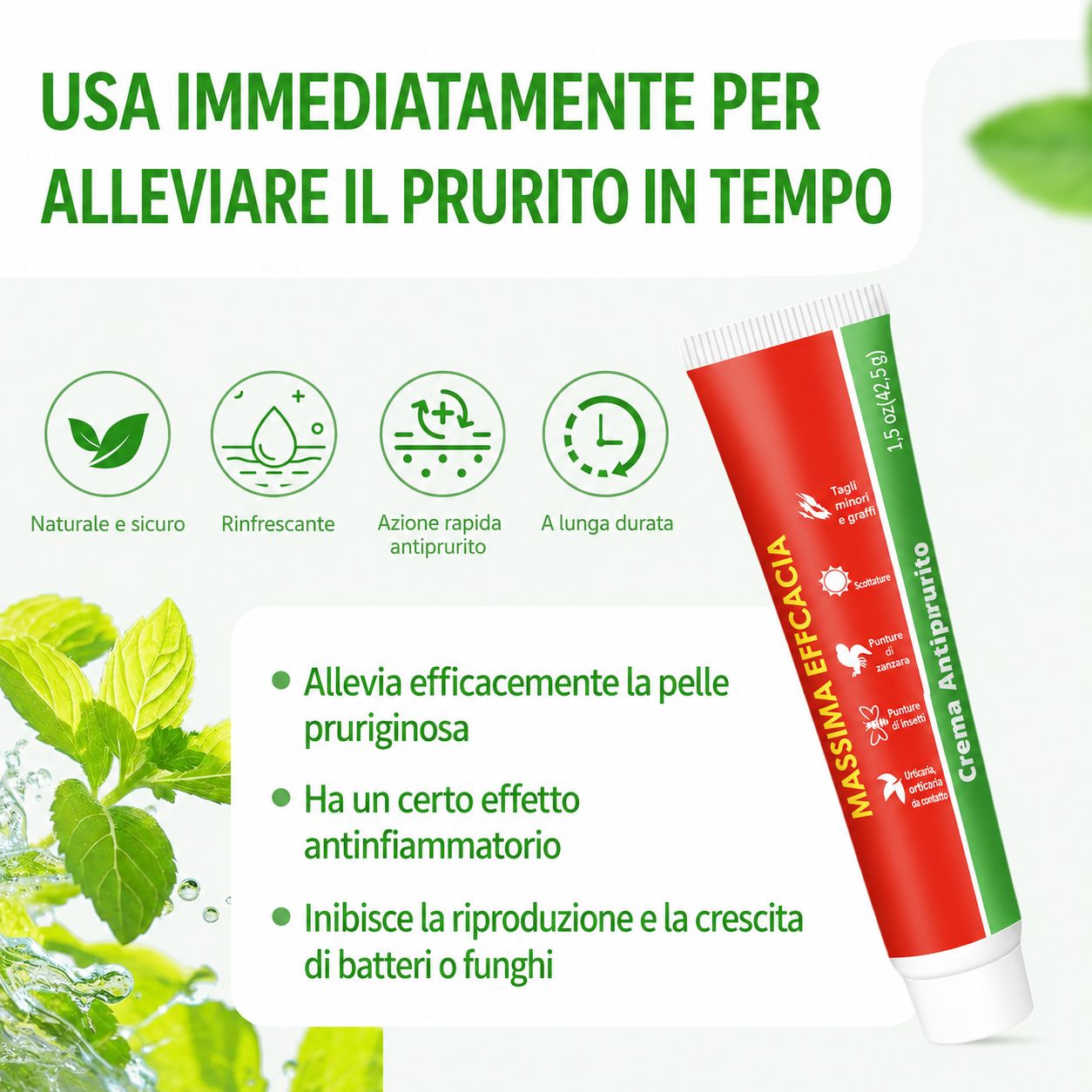 Tubo rosso e verde. Testo: Crema anti-prurito, Maximum Strength. Contiene 1,5 oz (42,5 g).
