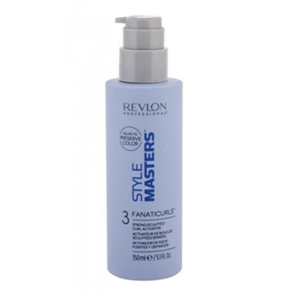 Prodotto azzurro con pompa. Scritta: Revlon Style Masters Fanaticurls. 150ml. Preserva il colore.