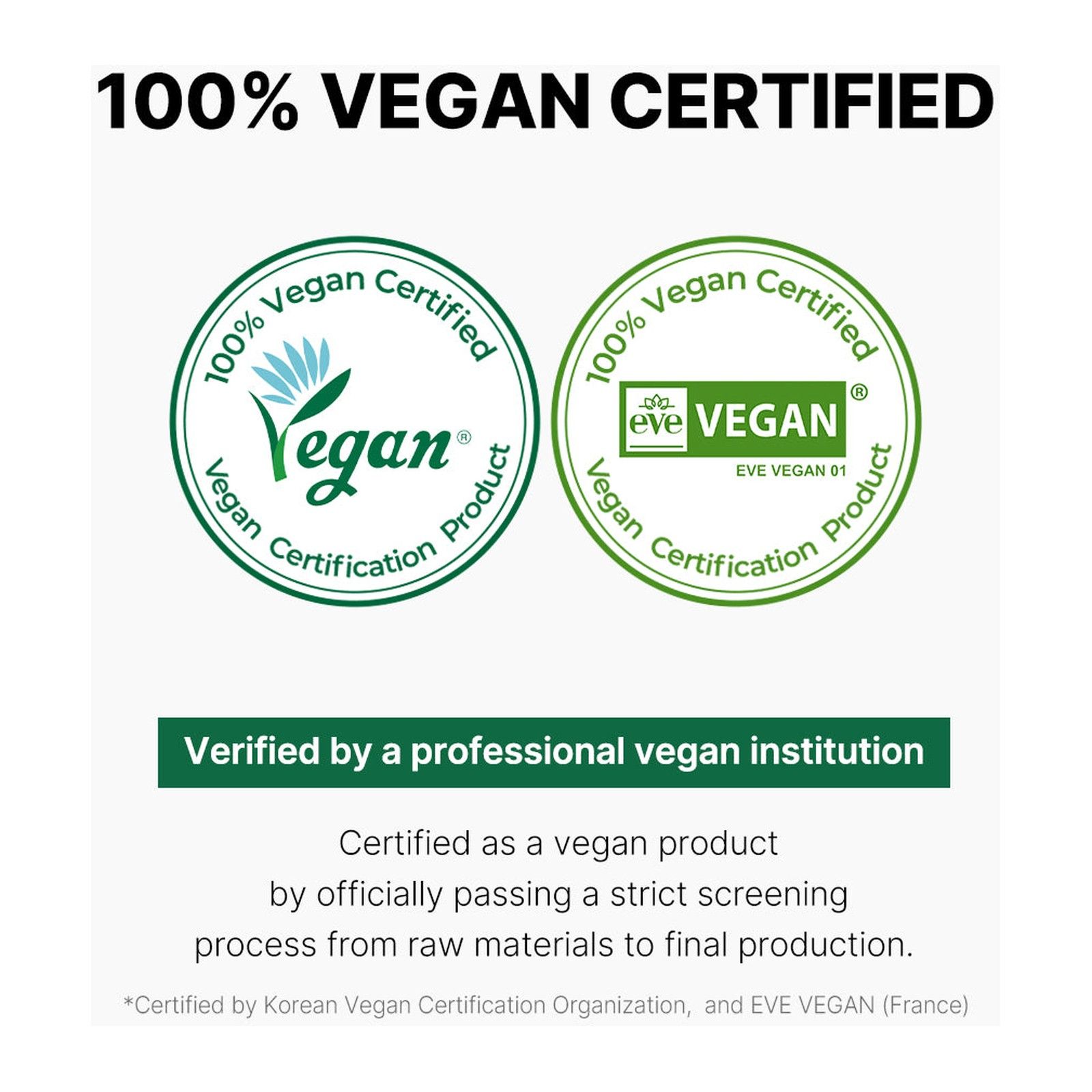 Due sigilli rotondi con la dicitura '100% Vegan Certified' e 'EVE VEGAN'.