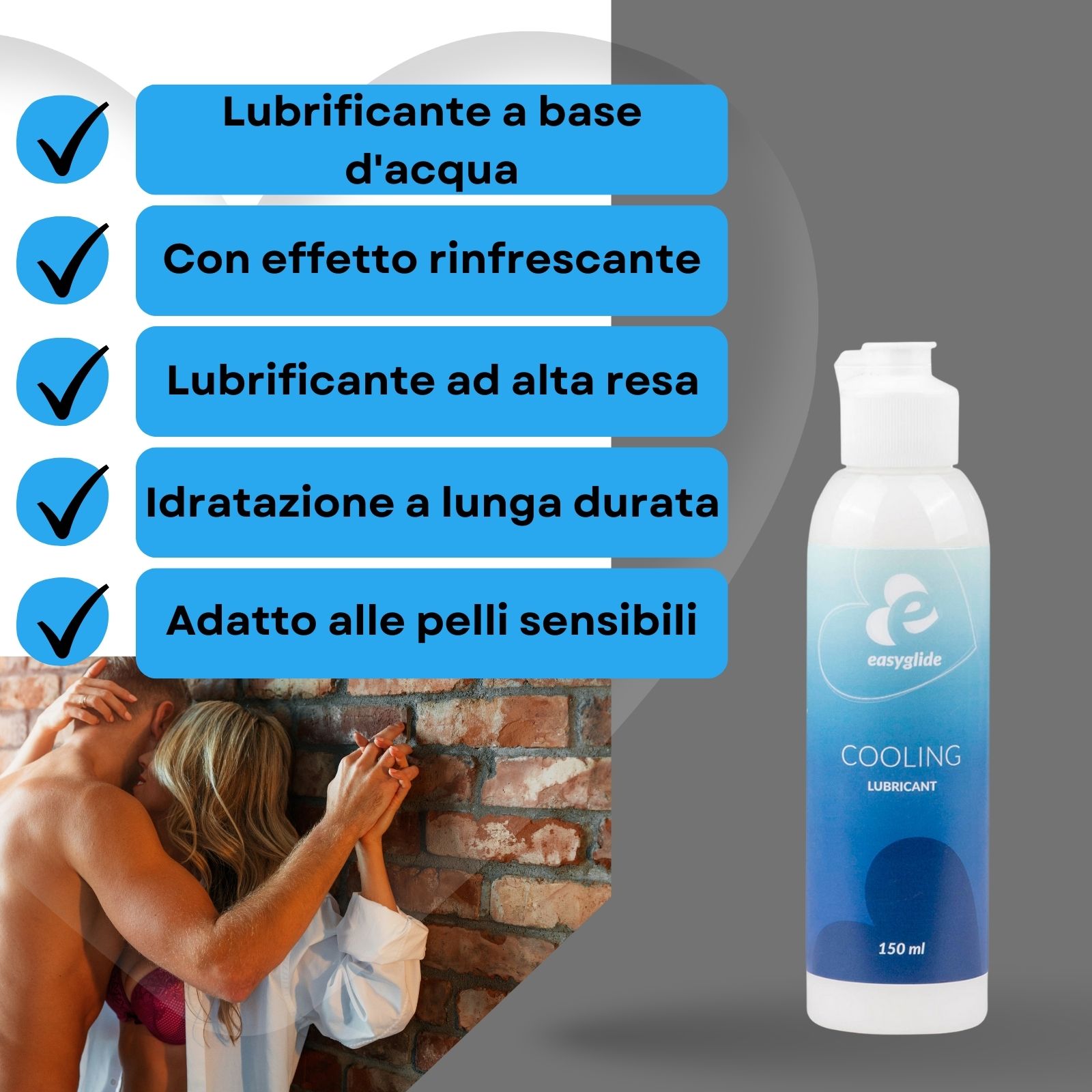 Gel Easyglide Silicone. Flacone con tappo bianco ed etichetta viola. 150 ml. Testo: Silicone Lubricant.
