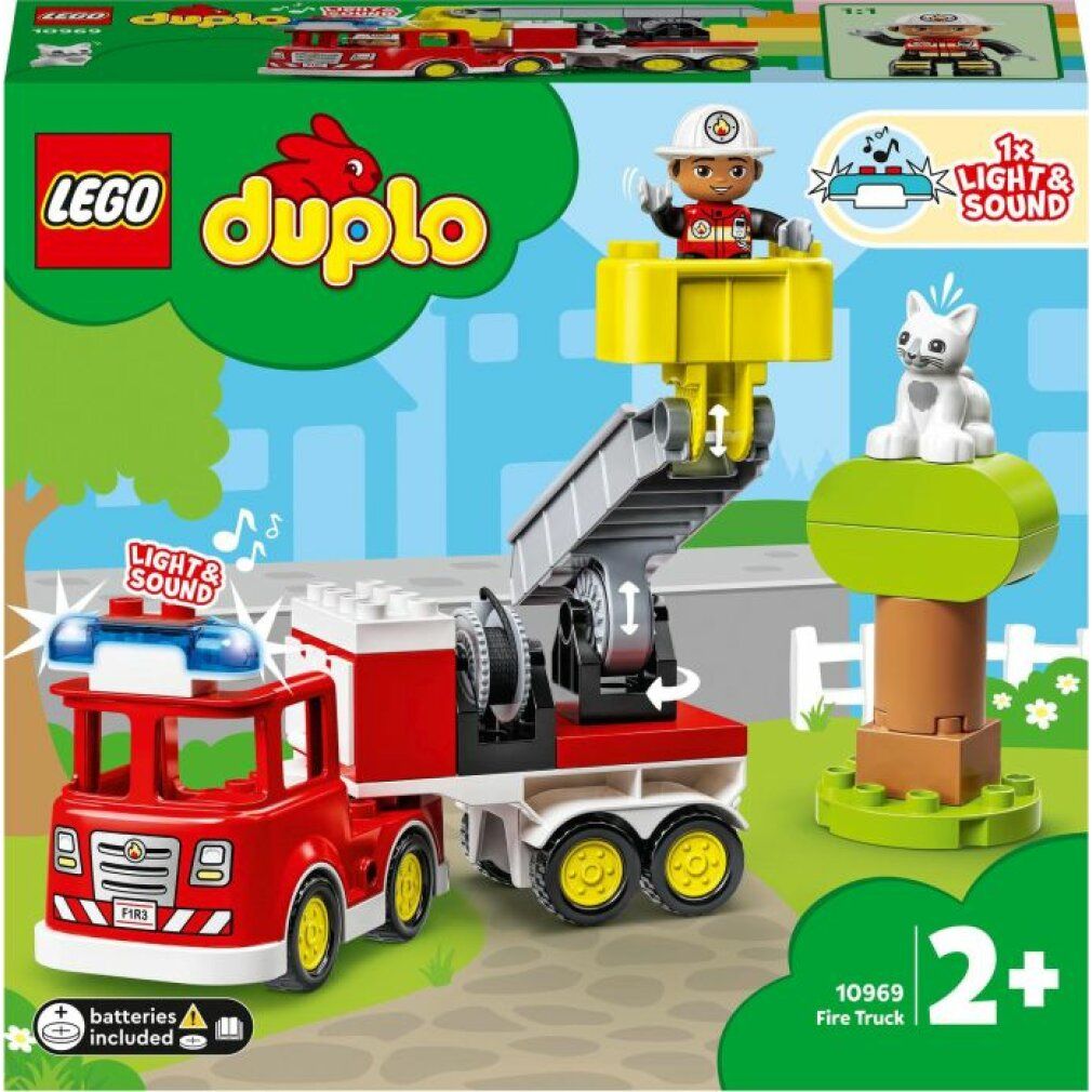Set LEGO Duplo autopompa. Camion rosso con scala gialla, personaggio, gatto e albero. Confezione con logo e fascia d'età.
