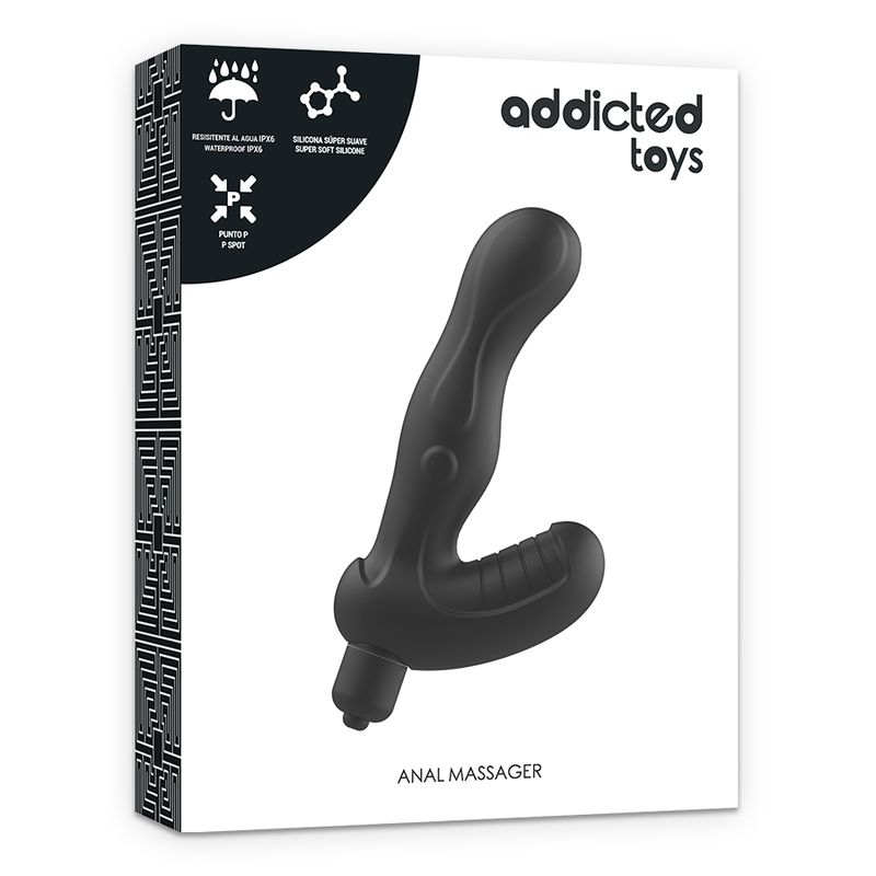 Confezione con prodotto. Prodotto benessere nero su sfondo bianco. Marchio: Addicted Toys. Testo: ANAL MASSAGER.