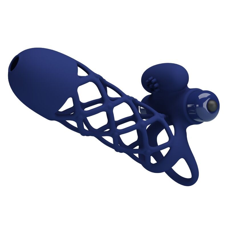 Vibratore blu scuro con struttura a rete, visto di lato.