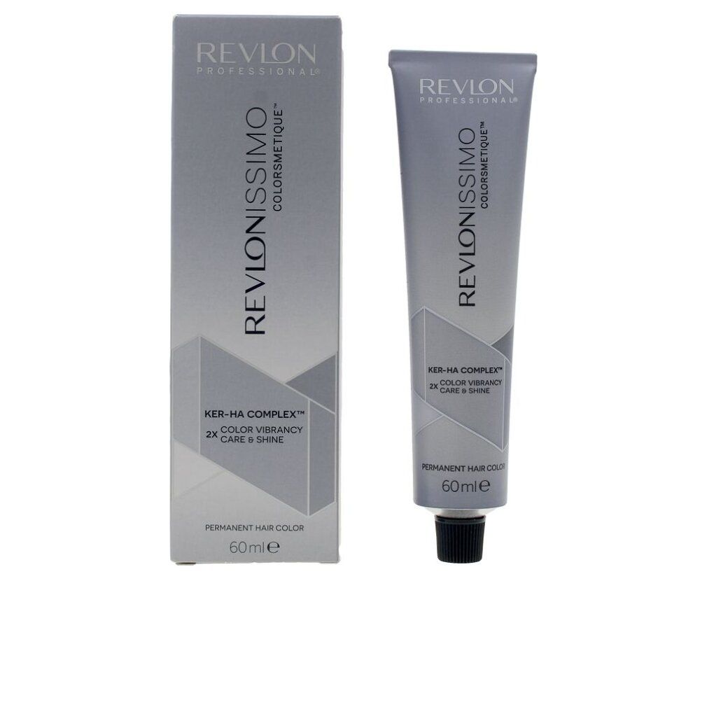 Tubo e scatola di tinta per capelli Revlonissimo Colorsmetique. Tubo con tappo nero, scatola grigia.