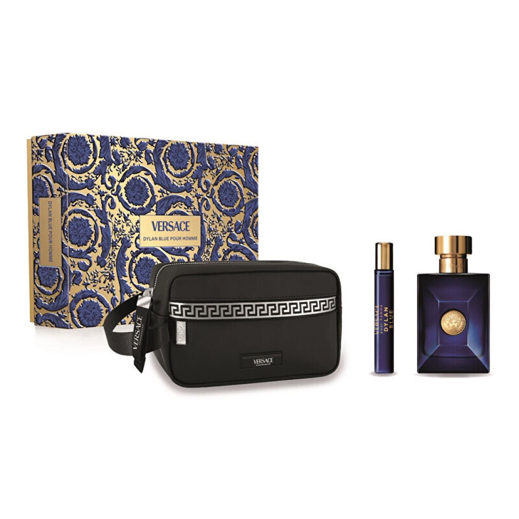 Set profumo con bottiglia blu, vaporizzatore e trousse nera. Confezione con motivo blu e logo del marchio.