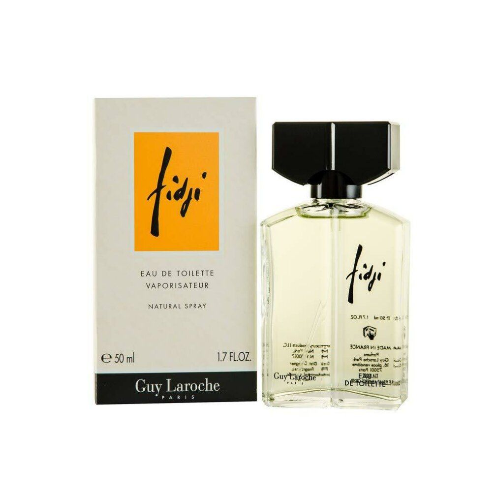 Flacone e confezione Fidji Eau de Toilette. Liquido giallo in flacone di vetro con tappo nero. Confezione con campo giallo e scritta.