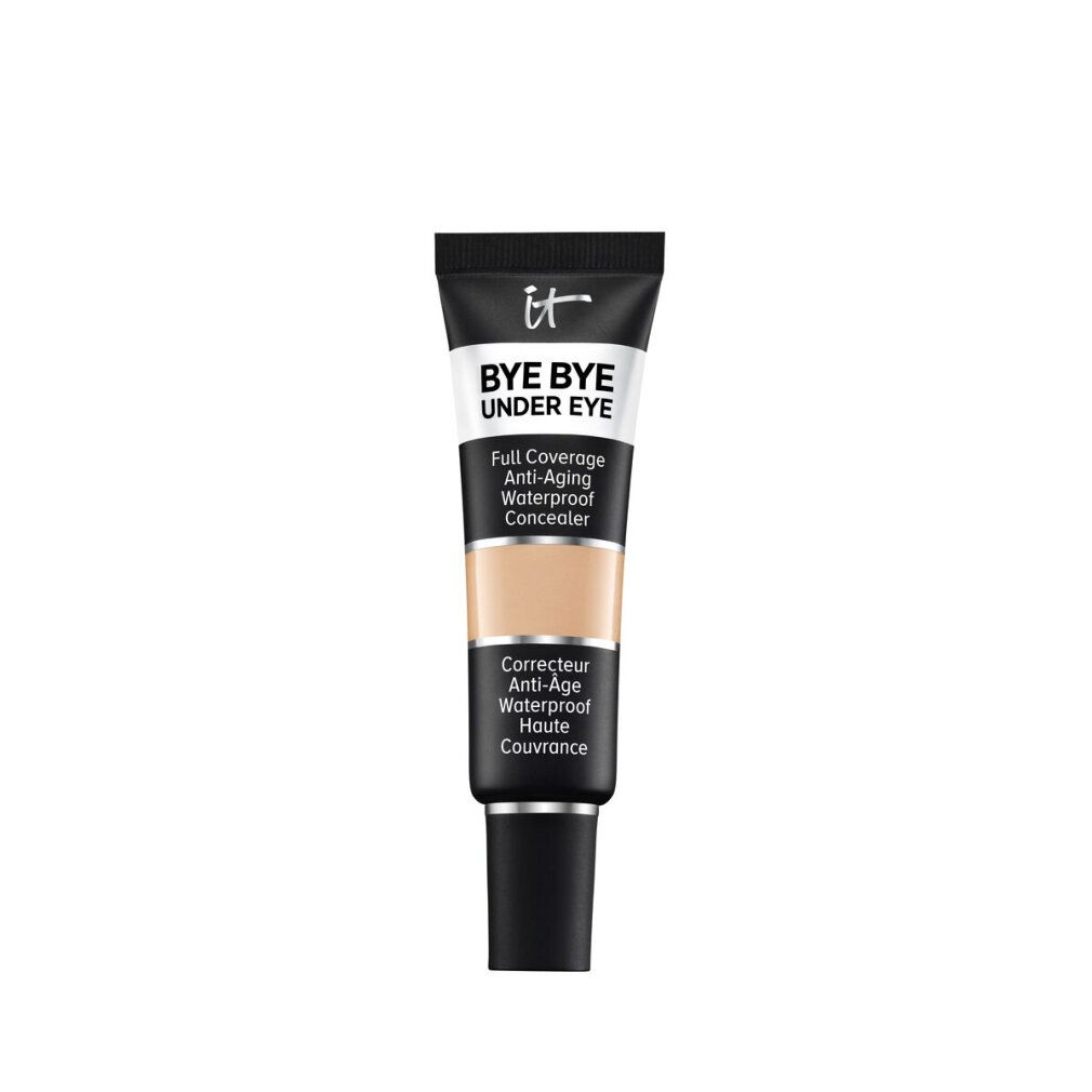 Tubo correttore con tappo nero. Scritta: IT, BYE BYE UNDER EYE, Full Coverage Anti-Aging Waterproof Concealer. Tonalità: Light Buff.