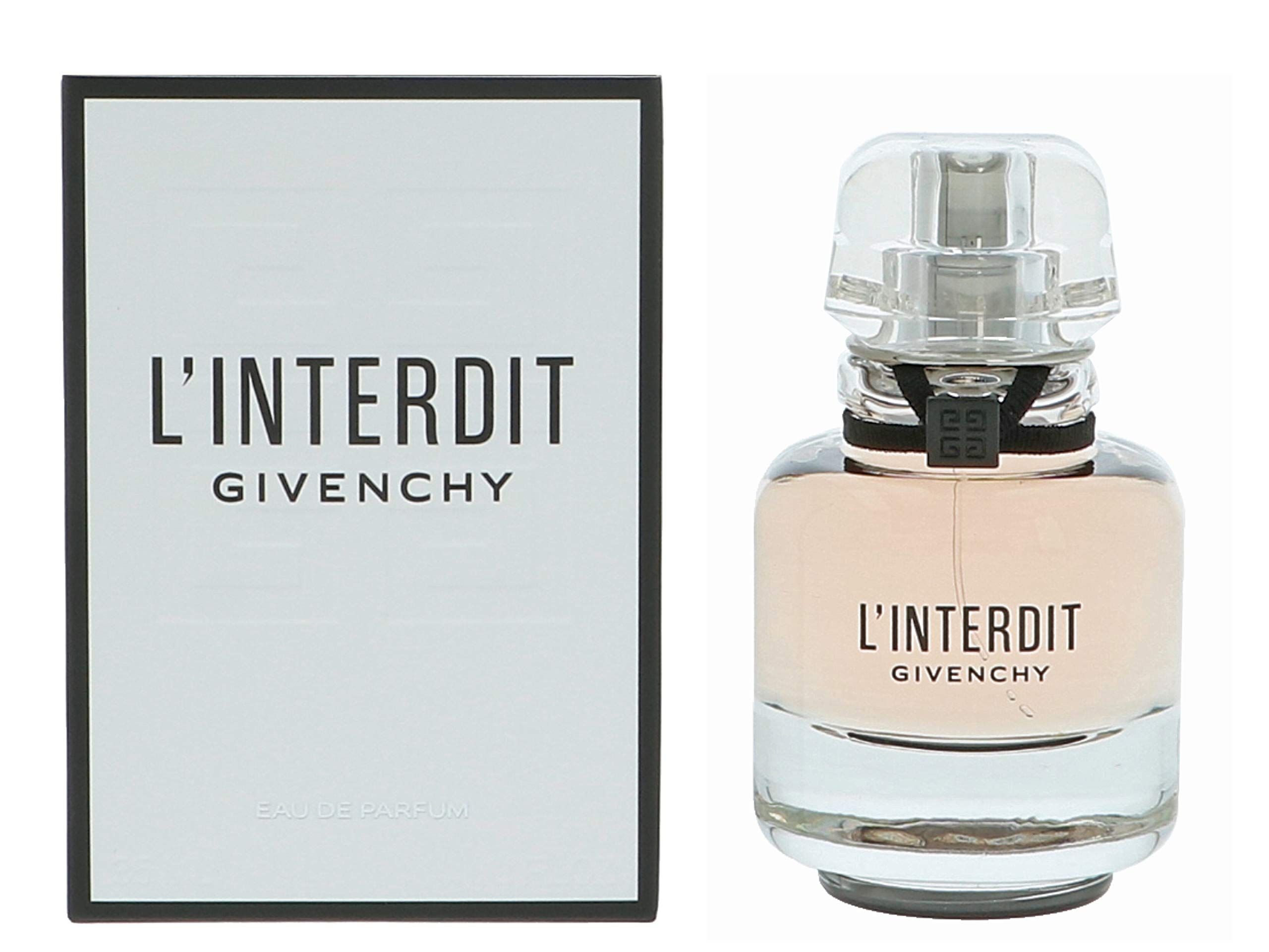 Scatola bianca con cornice nera e flacone. Scritta "L'INTERDIT GIVENCHY".