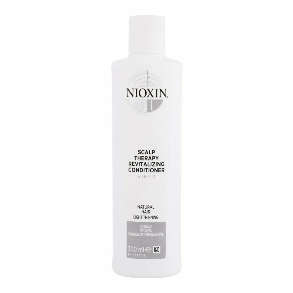 Flacone bianco Nioxin. Testo: Scalp Therapy Revitalizing Conditioner, Step 2. Per capelli naturali, diradati. Volume visibile.