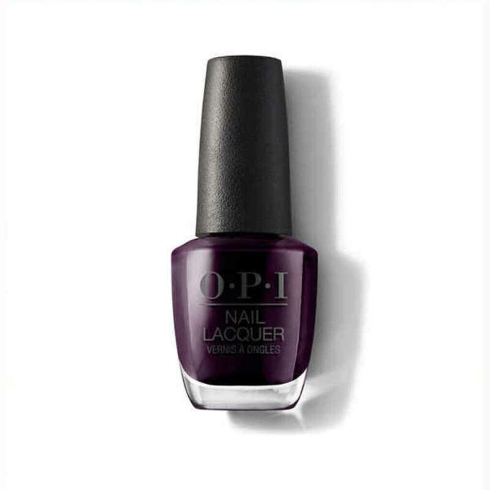 Flacone di smalto viola scuro con tappo nero. OPI Nail Lacquer. Flacone di vetro.