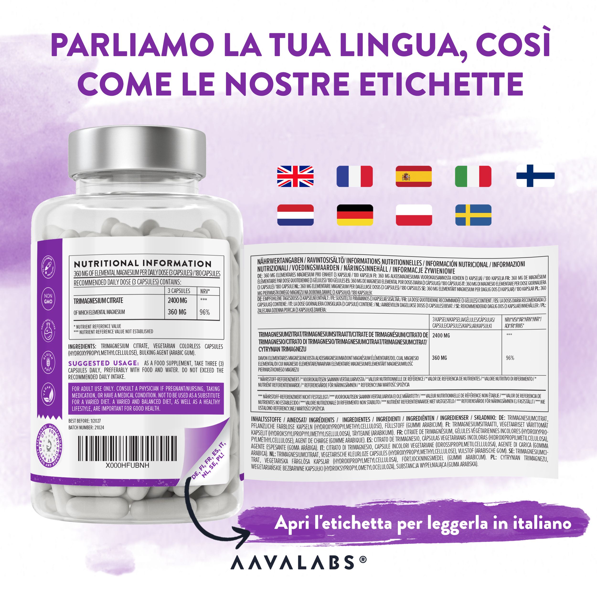 Flacone di capsule di citrato di magnesio ed etichetta multilingue. Informazioni visibili.
