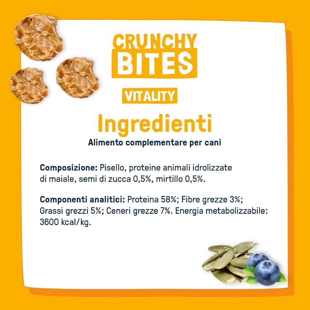 Primo piano dell'elenco degli ingredienti degli snack per cani. Testo in italiano. Snack per cani, semi di zucca e mirtilli.