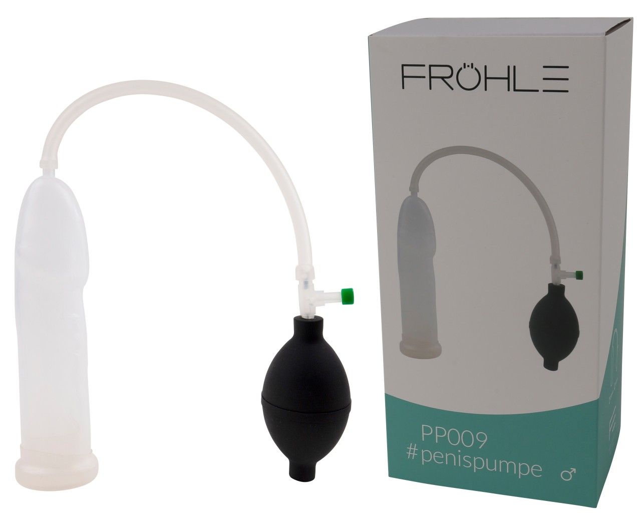 Pompa per pene anatomica Fröhle PP009 Slim Fit accanto alla sua confezione.
