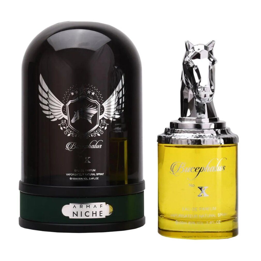 Flacone di profumo con testa di cavallo. Confezione nera con logo e testo. Eau de Parfum Spray.
