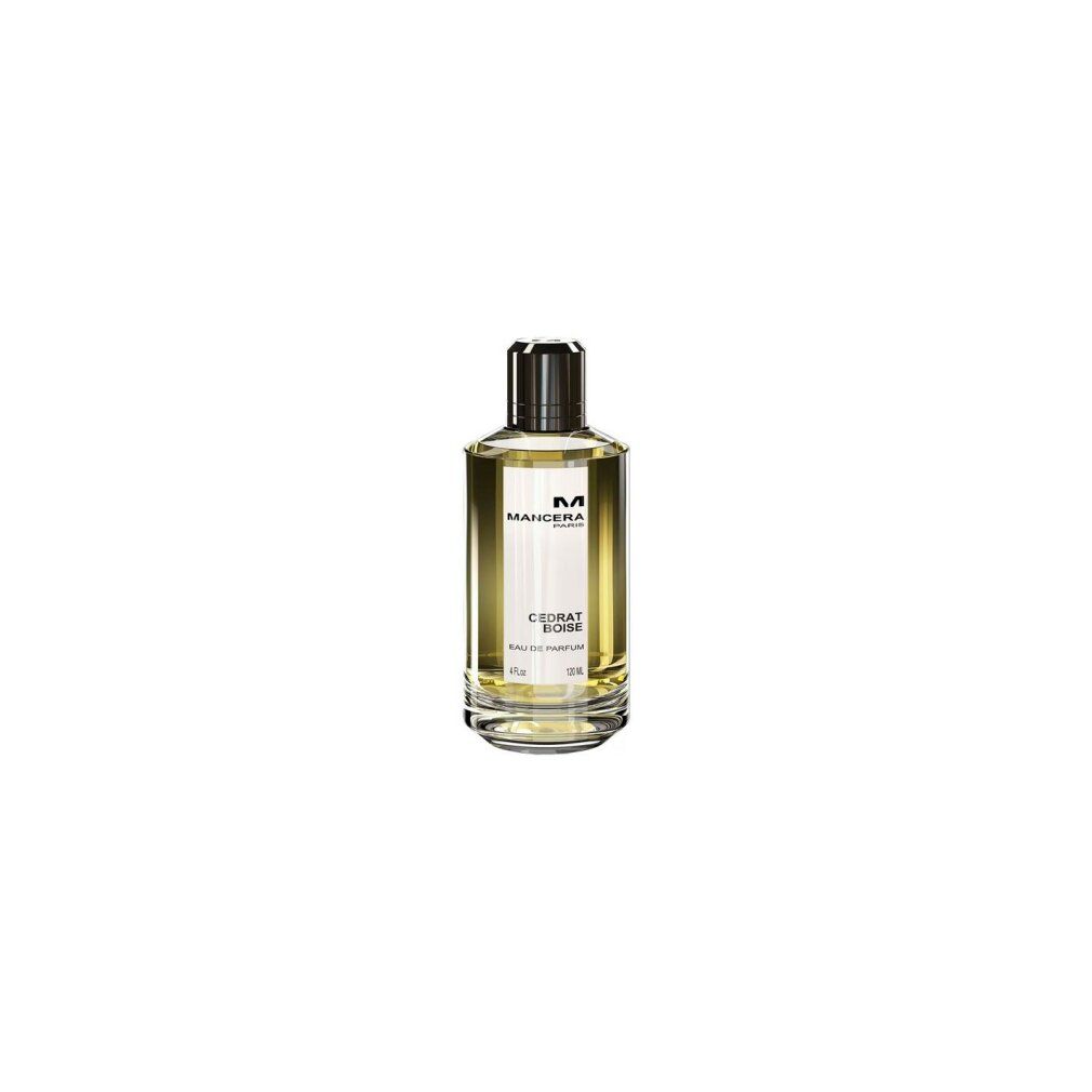 Flacone di profumo. Scritta: Mancera, Cedrat Boise, Eau de Parfum. Tappo nero, flacone trasparente.