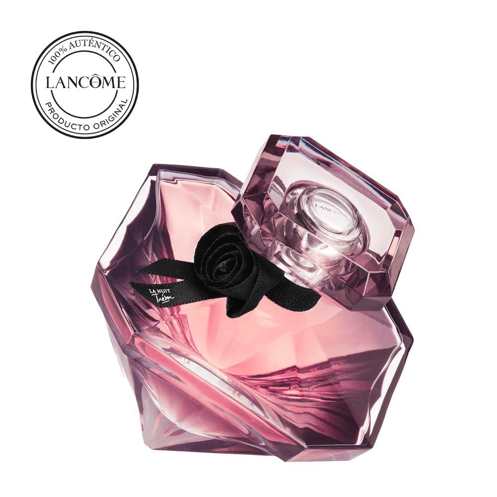 Flacone di profumo con fiocco nero e tappo. Logo: Lancôme. Scritta: 100% Autentico.
