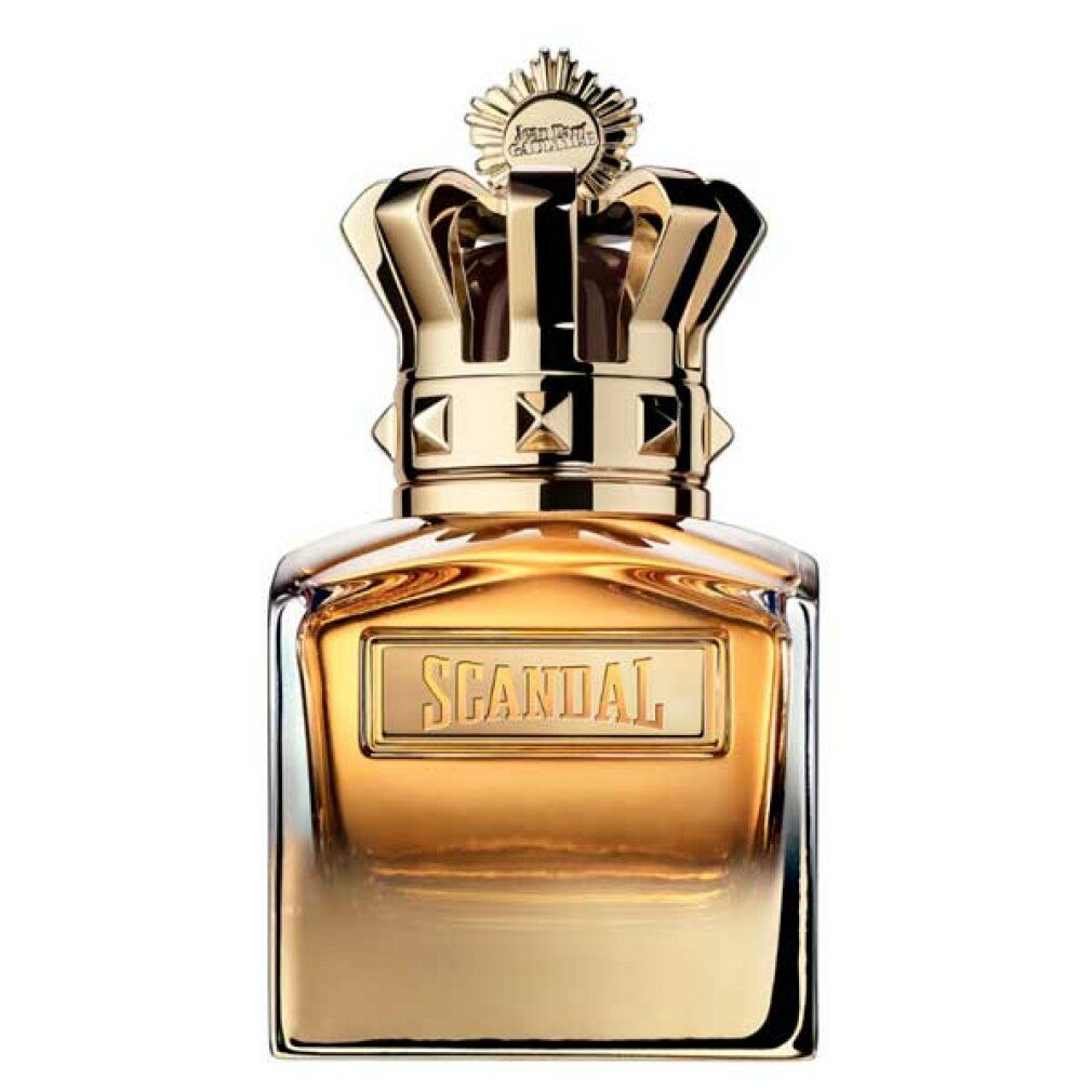 Flacone dorato con corona. Scritta "SCANDAL" sul flacone. Forma quadrata.