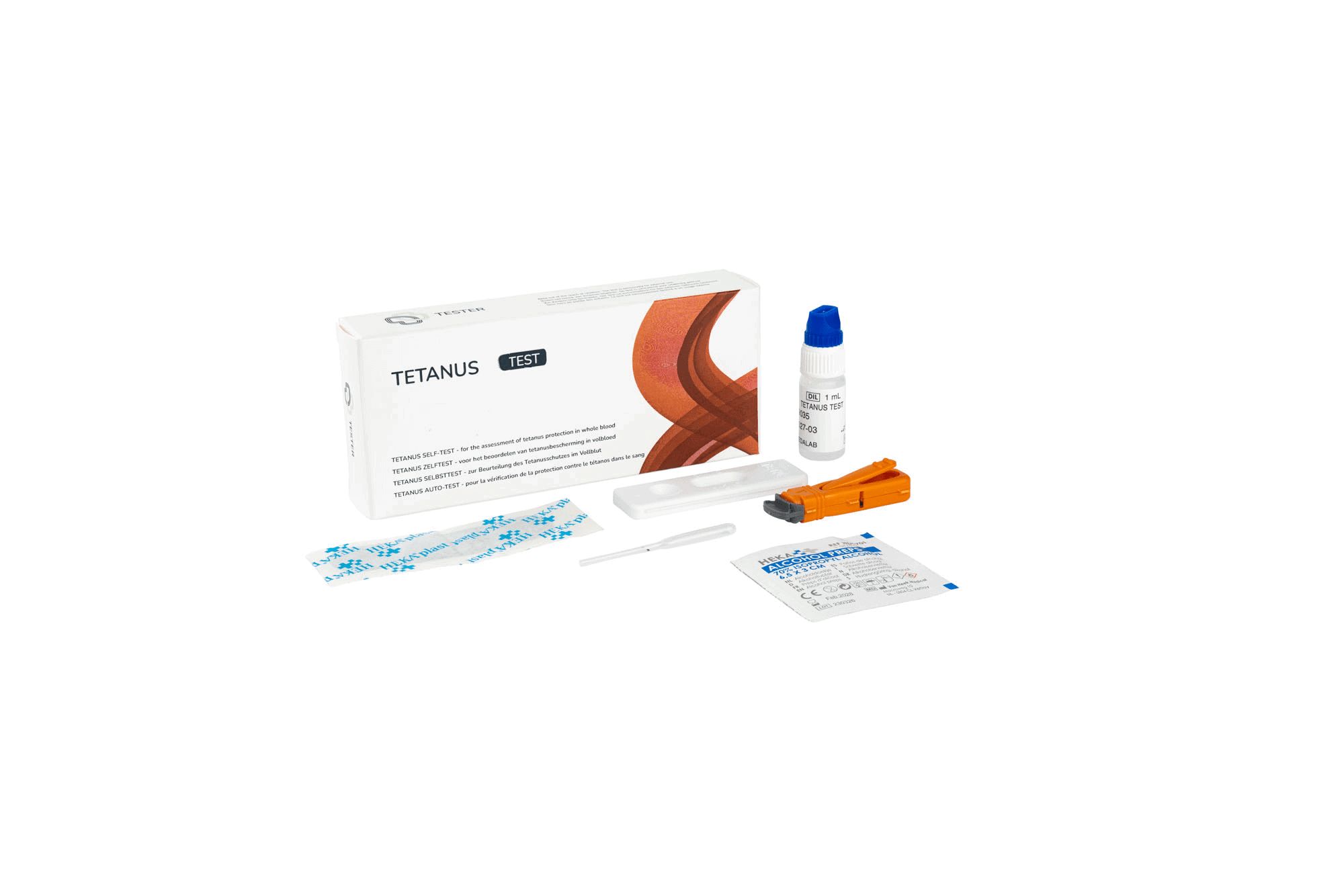 Kit di test per il tetano con cassetta di test, pipetta, soluzione tampone, lancetta e istruzioni.