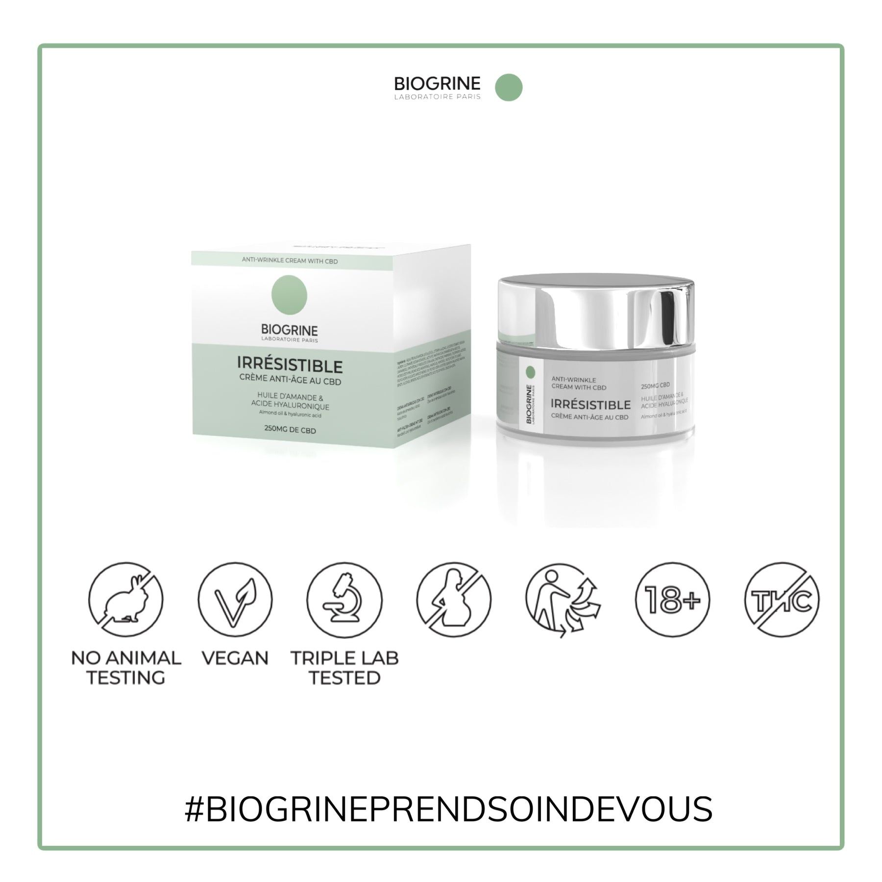 Crema e confezione BIOGRINE „IRRESISTIBLE“. Loghi: Nessun test sugli animali, Vegano, Testato in laboratorio, 18+, Senza THC.