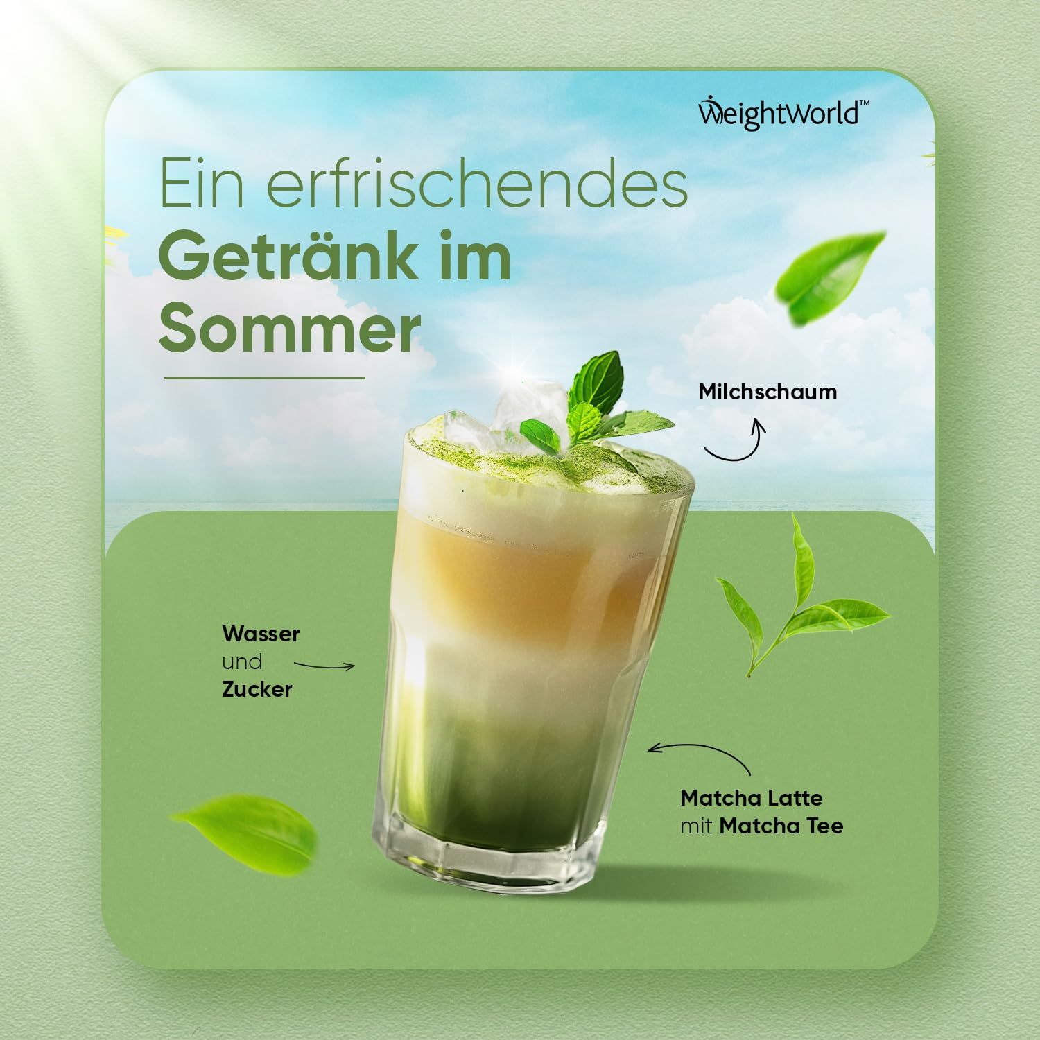 Bicchiere di matcha latte con ghiaccio e menta. Testo: Una bevanda rinfrescante in estate. Acqua, zucchero, schiuma di latte.