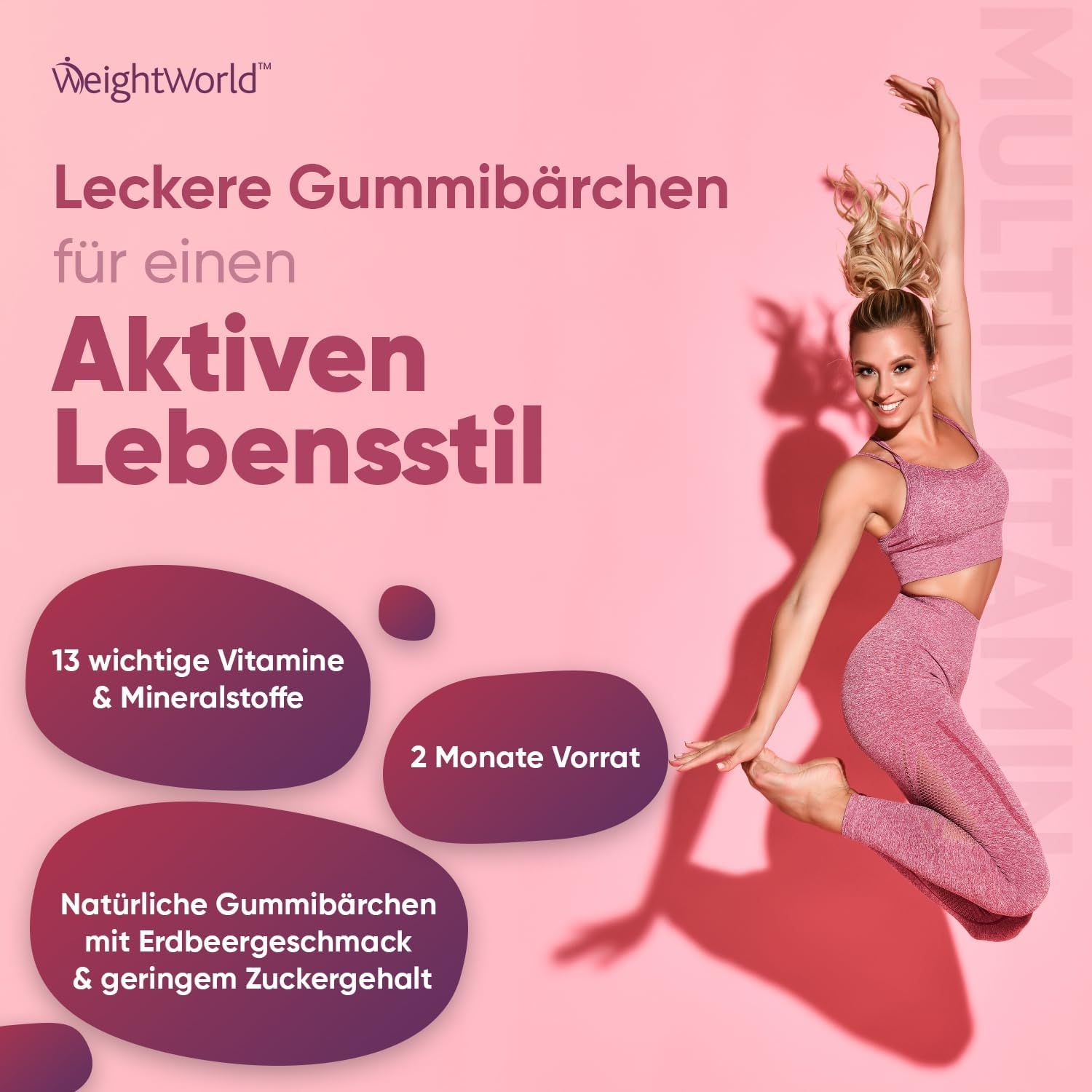 WeightWorld caramelle gommose per uno stile di vita attivo. 13 vitamine e minerali. 2 mesi di scorta. Gusto fragola.