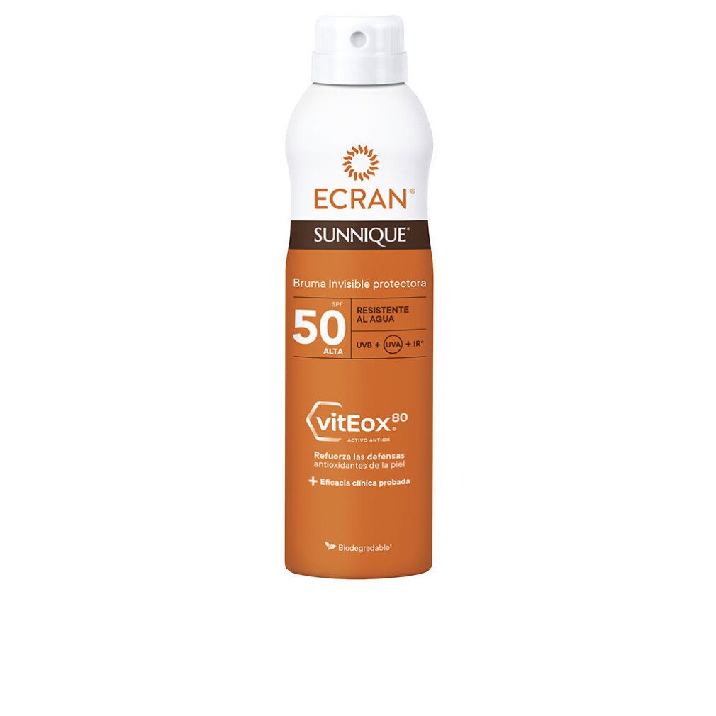 Spray solare bianco e arancione. Testo: ECRAN SUNNIQUE, FPS 50, Bruma invisible protectora, viteEox80. Resistente all'acqua.