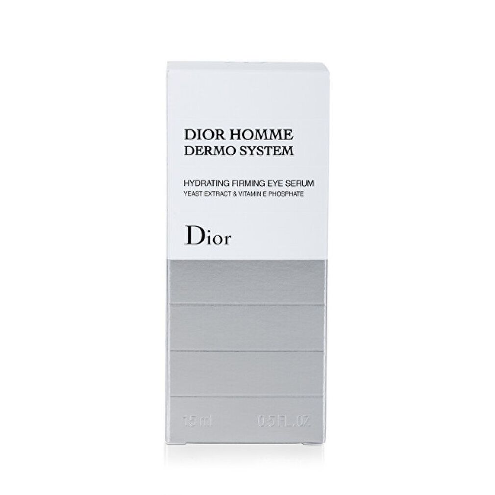 Confezione bianca per siero occhi Dior Homme Dermo System. Nome del prodotto e logo del marchio. Strisce orizzontali grigie.