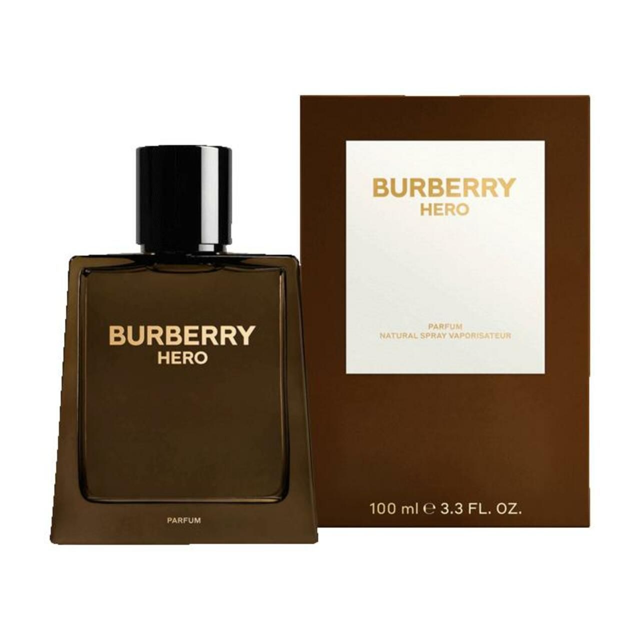 Burberry Hero Parfum Nat. Spray e confezione. Flacone e scatola marroni. Scritta dorata.