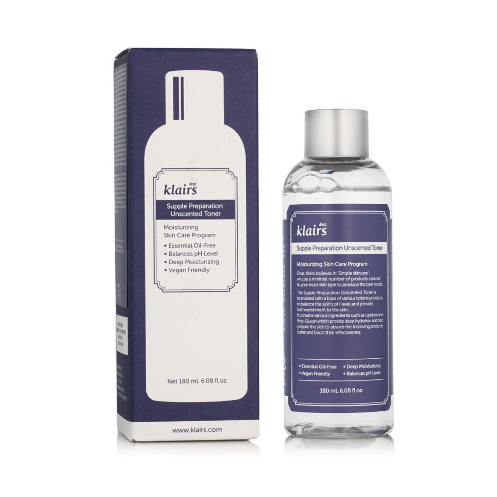 Flacone e confezione. Flacone con tappo argentato, etichetta viola. Testo: Dear Klairs Supple Preparation Unscented Toner.