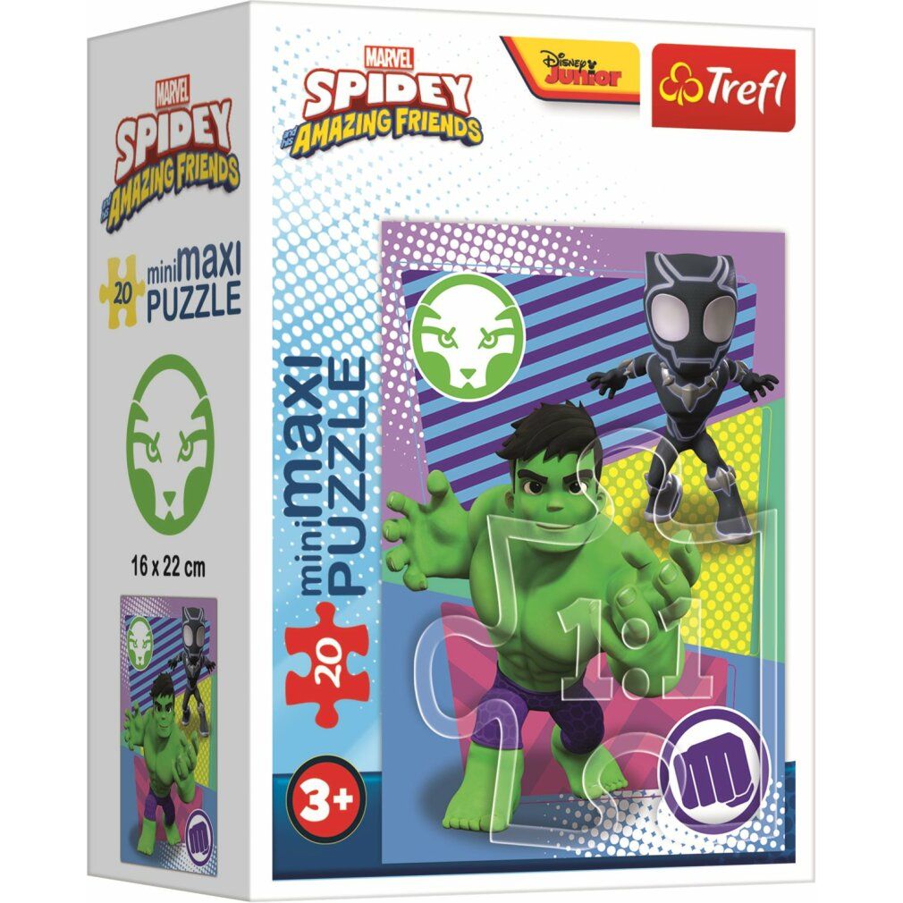 Scatola puzzle con Hulk e Black Panther. 20 pezzi, 16x22 cm. Loghi Marvel, Spidey, Trefl. Età 3+.