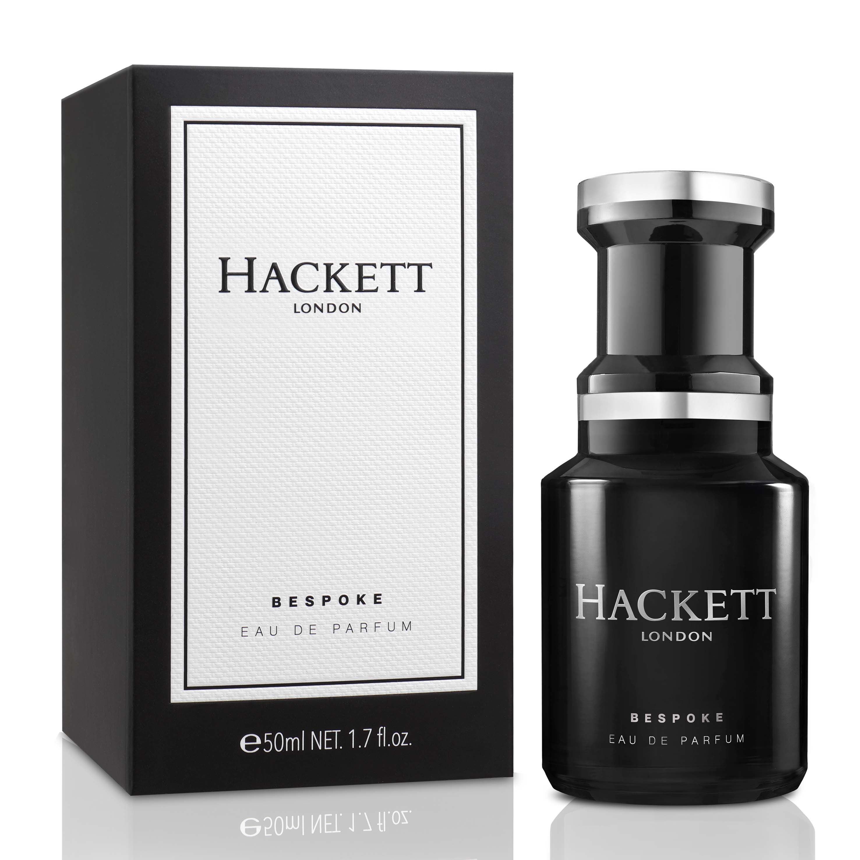 Flacone e confezione neri. Hackett Bespoke Eau de Parfum. Flacone con tappo argentato. Testo: Hackett London, Bespoke Eau de Parfum.
